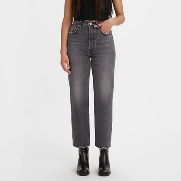 Levi's Denim - LEVI'S Ribcage Straight Ankle Jeans Button Fly High Waist Faded Black 26